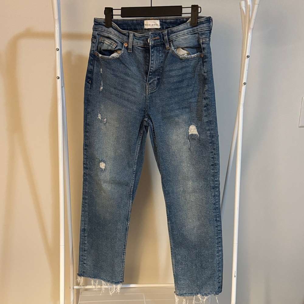 Muselooks High Rise Distressed Blue Denim Straight Jeans